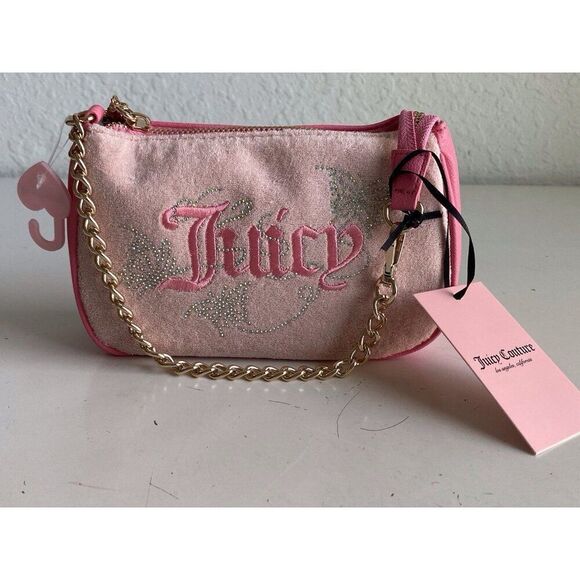Juicy Couture Wing It Mini Wristlet Purse Pink Diamond Pink Lemonade Terry Cloth - Picture 1 of 13